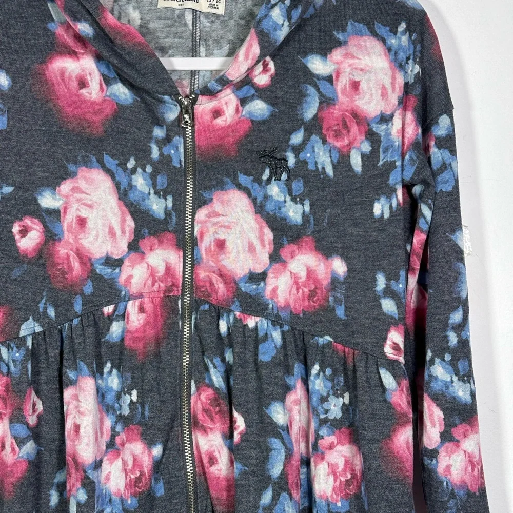 Abercrombie Kids Floral Rose gray Peplum Zip Up Hoodie Cardigan Size 13/14‎ NWOT